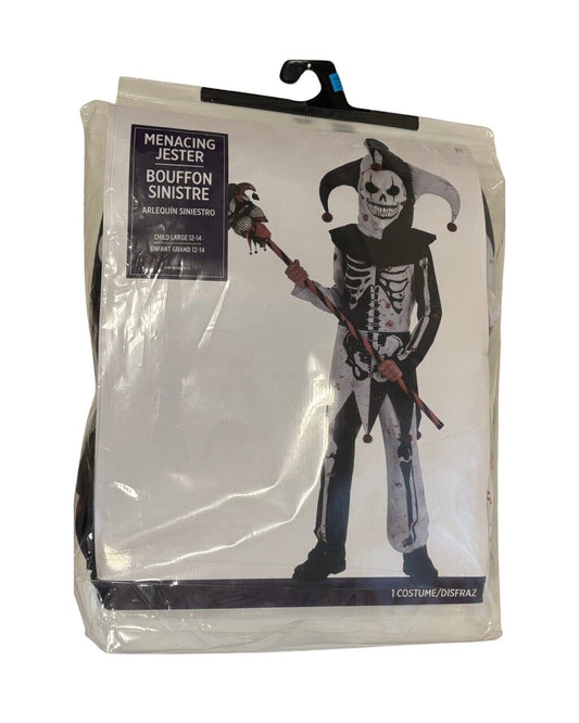 Scary Menacing Jester Clown Suit Skeleton Child's Halloween Costume Sz L 12-14